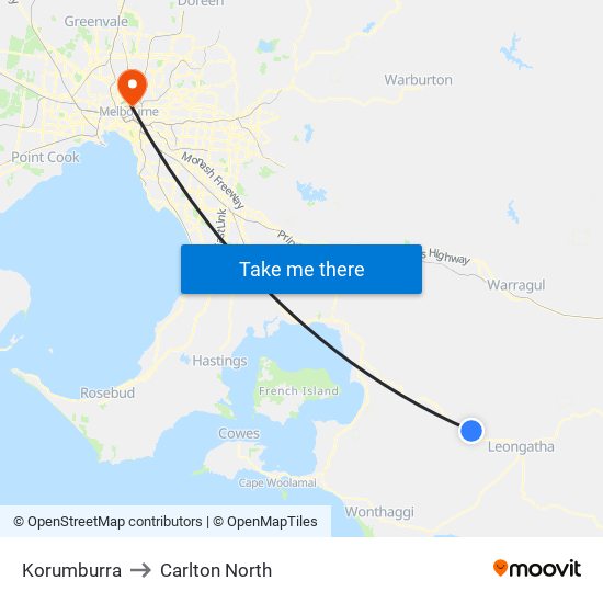 Korumburra to Carlton North map