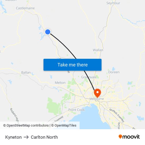 Kyneton to Carlton North map