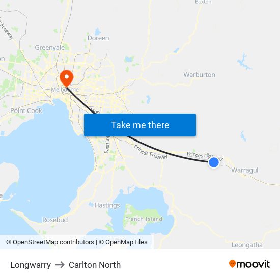 Longwarry to Carlton North map