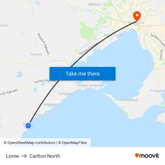 Lorne to Carlton North map