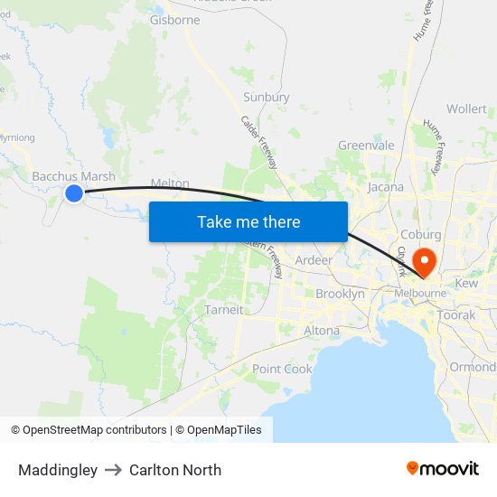 Maddingley to Carlton North map