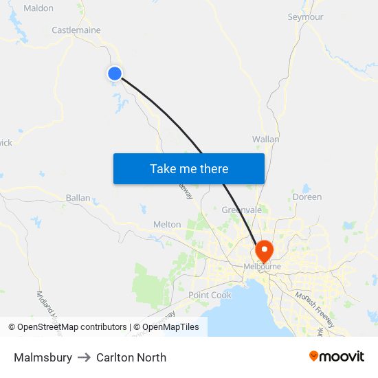 Malmsbury to Carlton North map