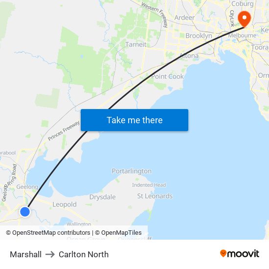 Marshall to Carlton North map