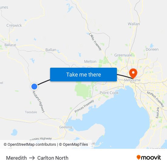 Meredith to Carlton North map