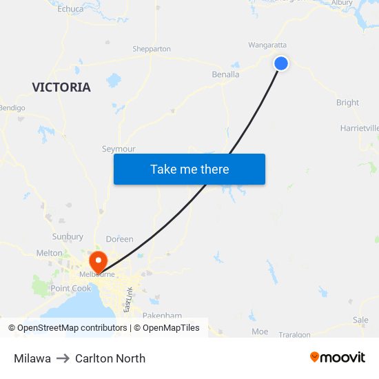 Milawa to Carlton North map