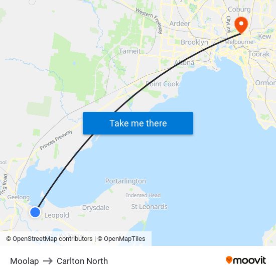 Moolap to Carlton North map