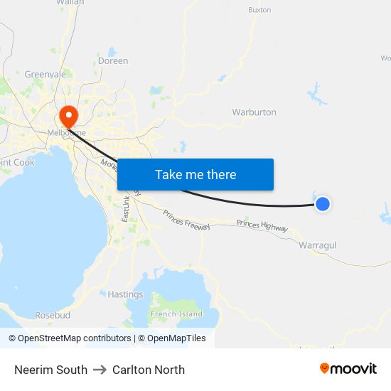 Neerim South to Carlton North map