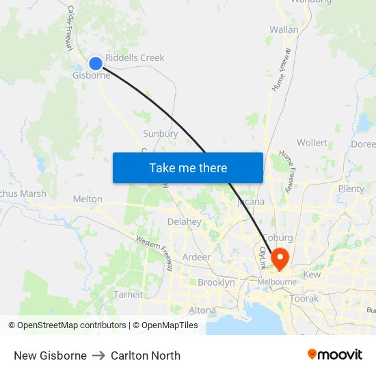 New Gisborne to Carlton North map