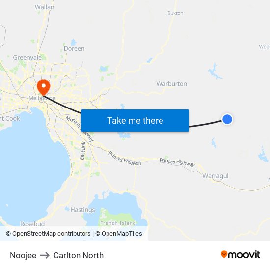 Noojee to Carlton North map