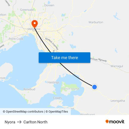 Nyora to Carlton North map