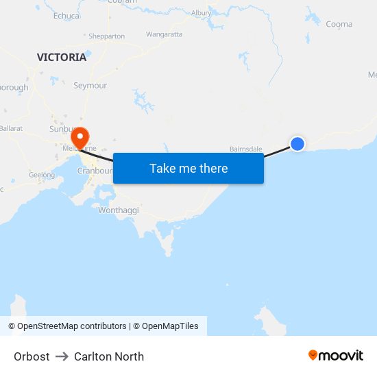 Orbost to Carlton North map