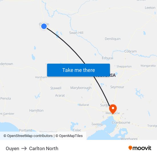 Ouyen to Carlton North map