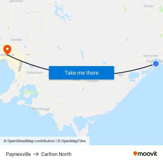 Paynesville to Carlton North map