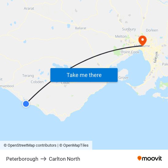 Peterborough to Carlton North map