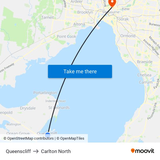 Queenscliff to Carlton North map