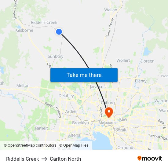 Riddells Creek to Carlton North map