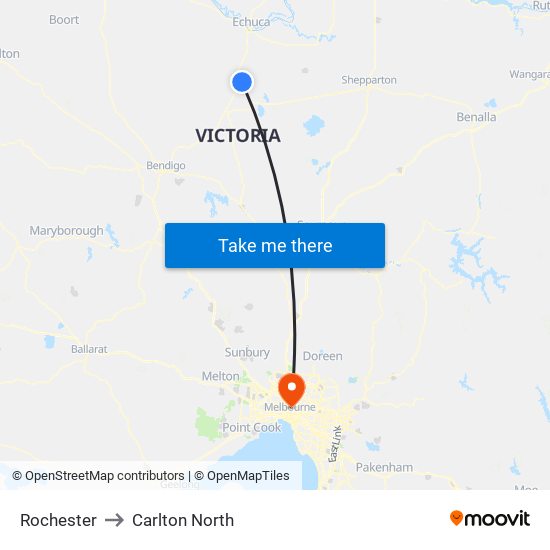 Rochester to Carlton North map