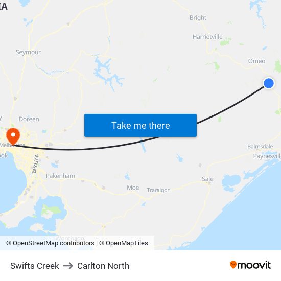 Swifts Creek to Carlton North map