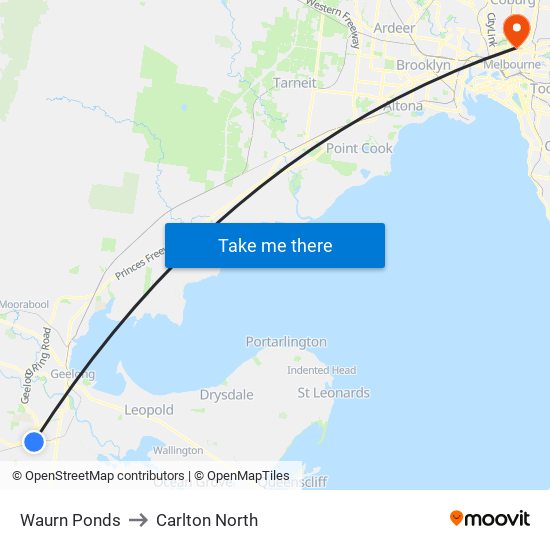 Waurn Ponds to Carlton North map