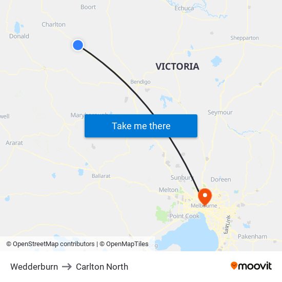 Wedderburn to Carlton North map