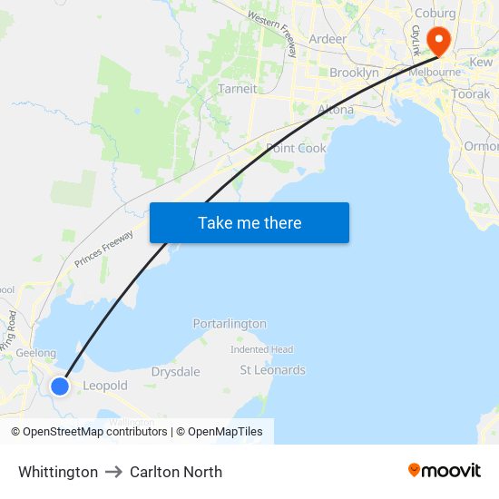 Whittington to Carlton North map