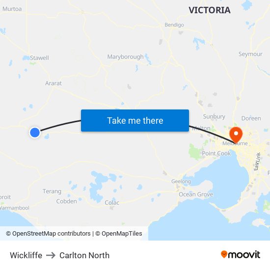 Wickliffe to Carlton North map