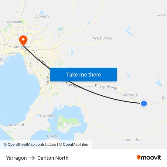 Yarragon to Carlton North map