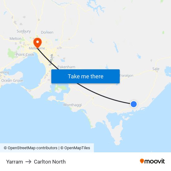 Yarram to Carlton North map