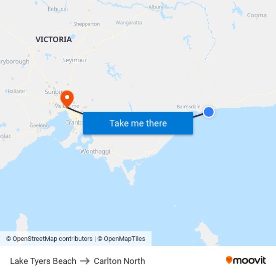 Lake Tyers Beach to Carlton North map