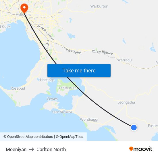 Meeniyan to Carlton North map