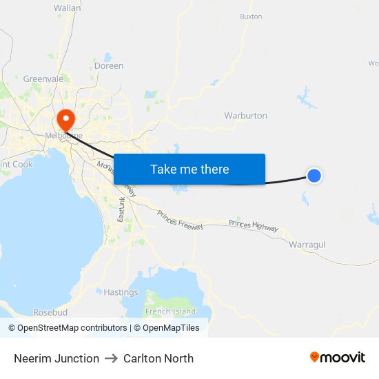 Neerim Junction to Carlton North map