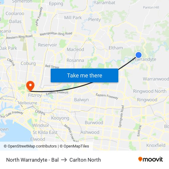 North Warrandyte - Bal to Carlton North map