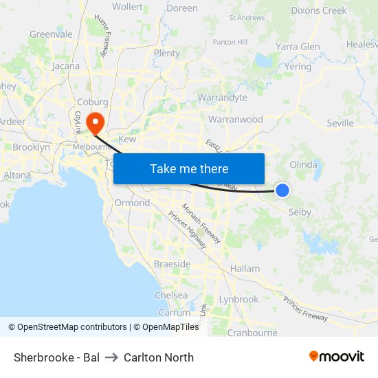 Sherbrooke - Bal to Carlton North map