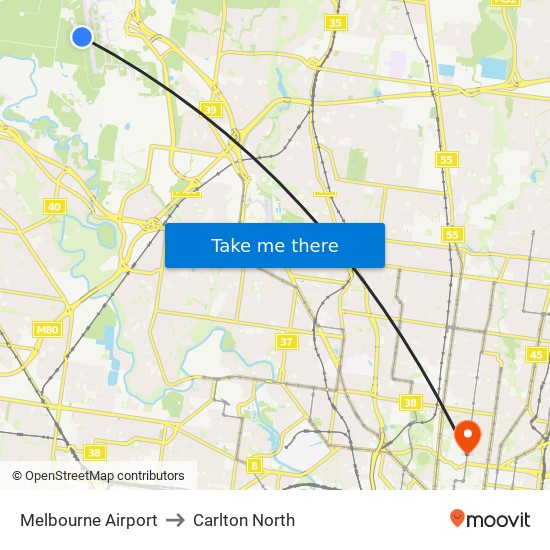 Melbourne Airport to Carlton North map