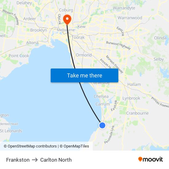 Frankston to Carlton North map