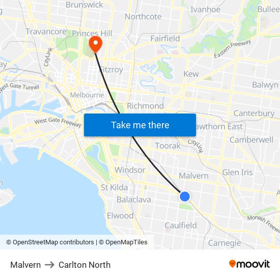 Malvern to Carlton North map