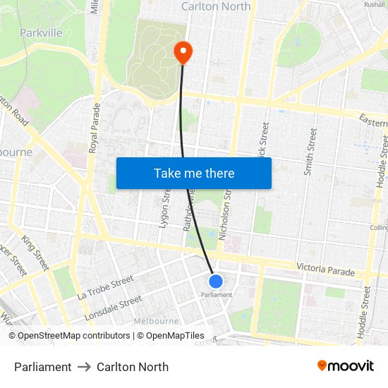 Parliament to Carlton North map