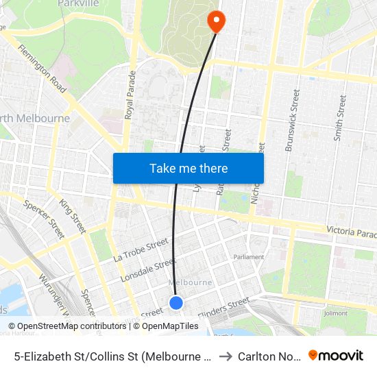 5-Elizabeth St/Collins St (Melbourne City) to Carlton North map