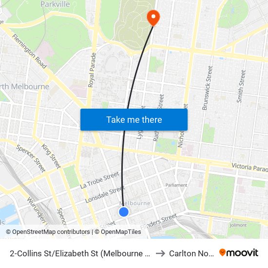 2-Collins St/Elizabeth St (Melbourne City) to Carlton North map