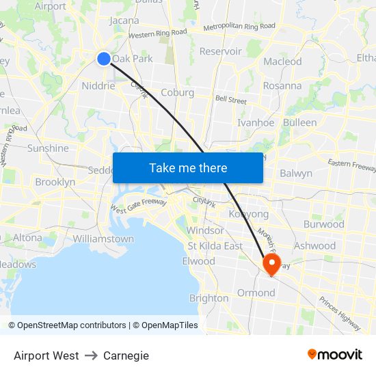 Airport West to Carnegie map