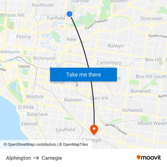 Alphington to Carnegie map