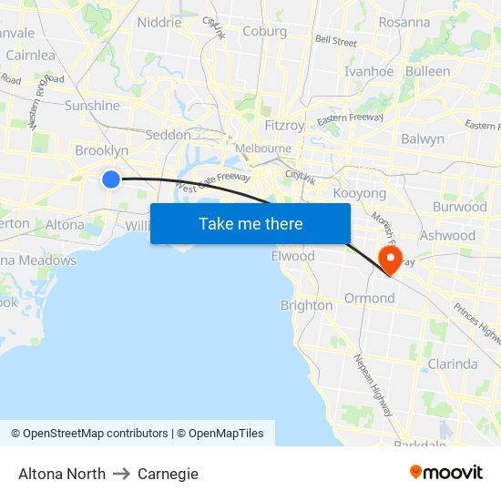 Altona North to Carnegie map