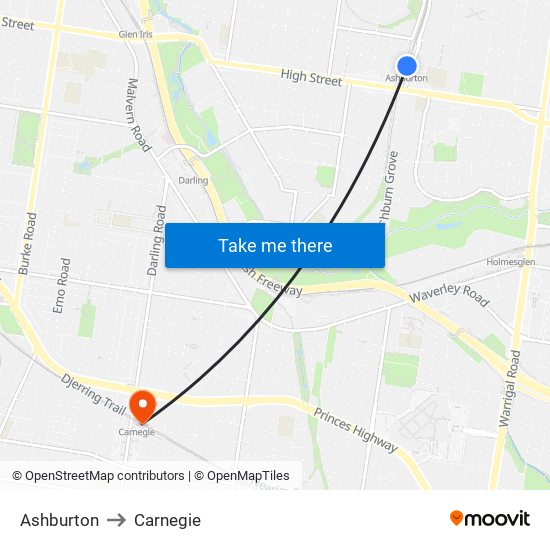 Ashburton to Carnegie map