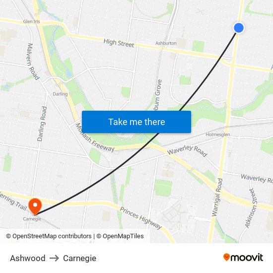 Ashwood to Carnegie map