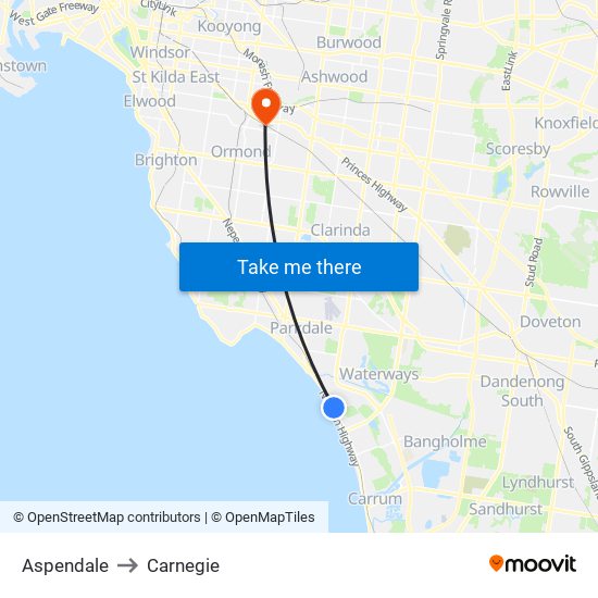 Aspendale to Carnegie map