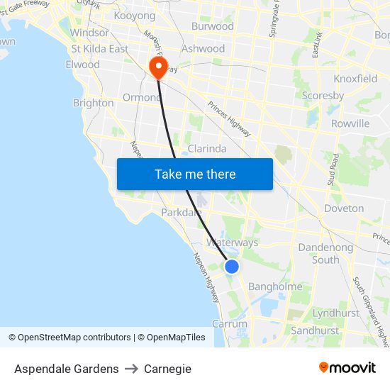 Aspendale Gardens to Carnegie map