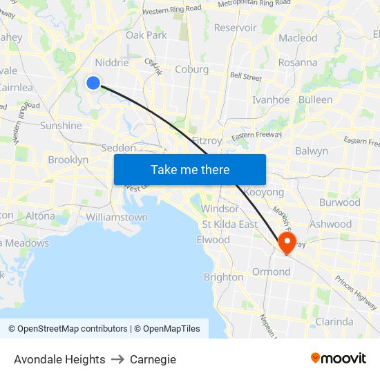 Avondale Heights to Carnegie map