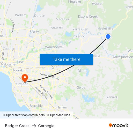 Badger Creek to Carnegie map