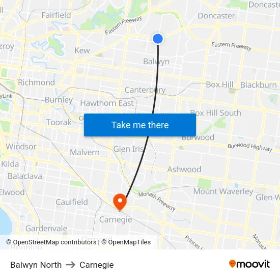 Balwyn North to Carnegie map
