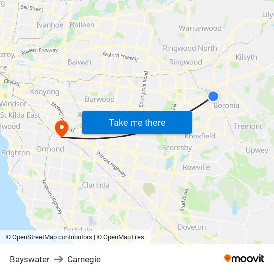 Bayswater to Carnegie map